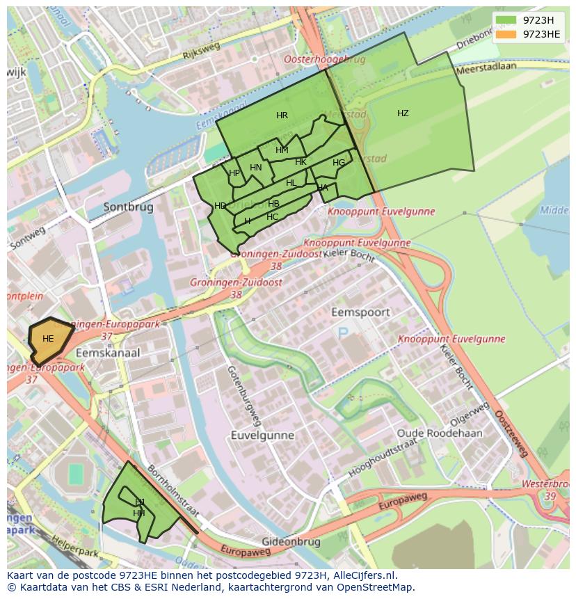 Afbeelding van het postcodegebied 9723 HE op de kaart.