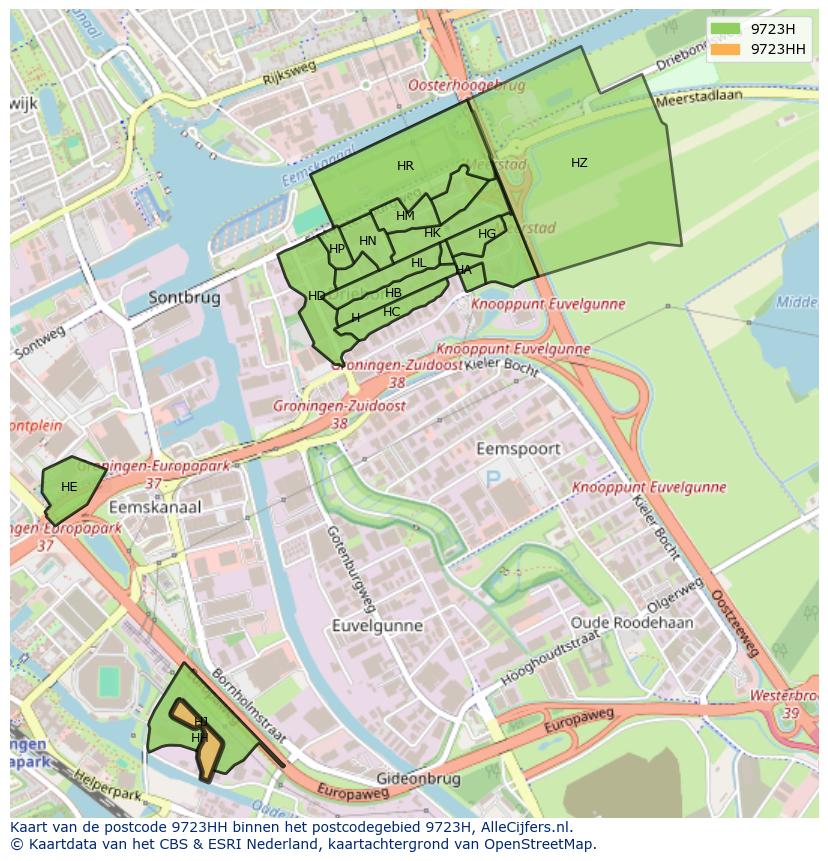 Afbeelding van het postcodegebied 9723 HH op de kaart.