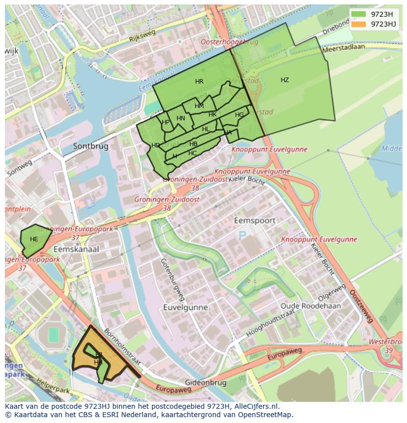 Afbeelding van het postcodegebied 9723 HJ op de kaart.