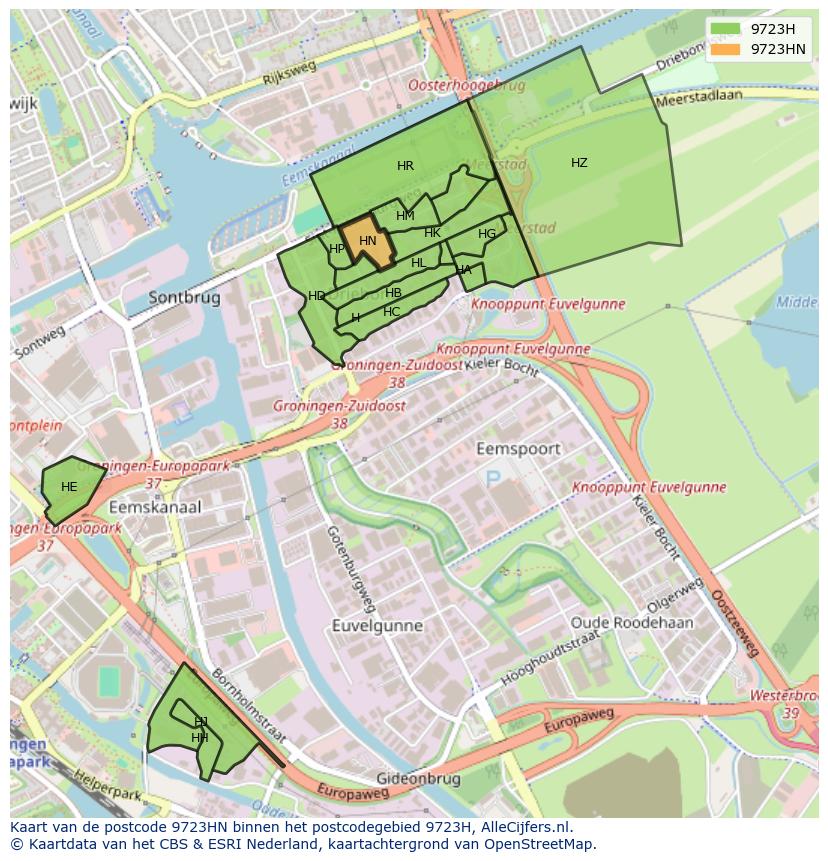 Afbeelding van het postcodegebied 9723 HN op de kaart.