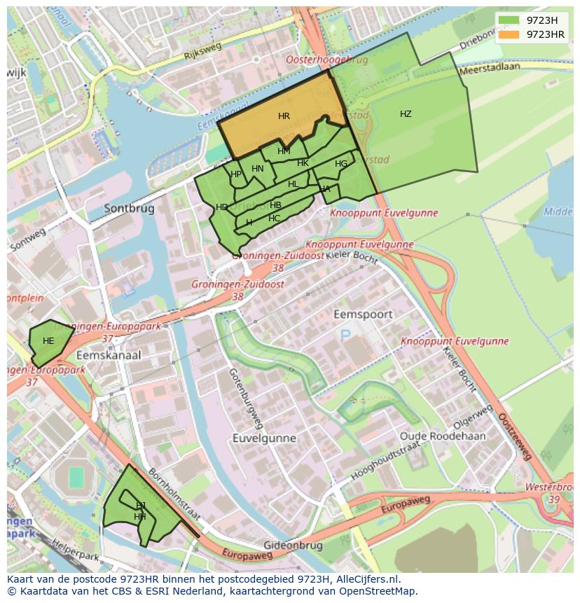 Afbeelding van het postcodegebied 9723 HR op de kaart.