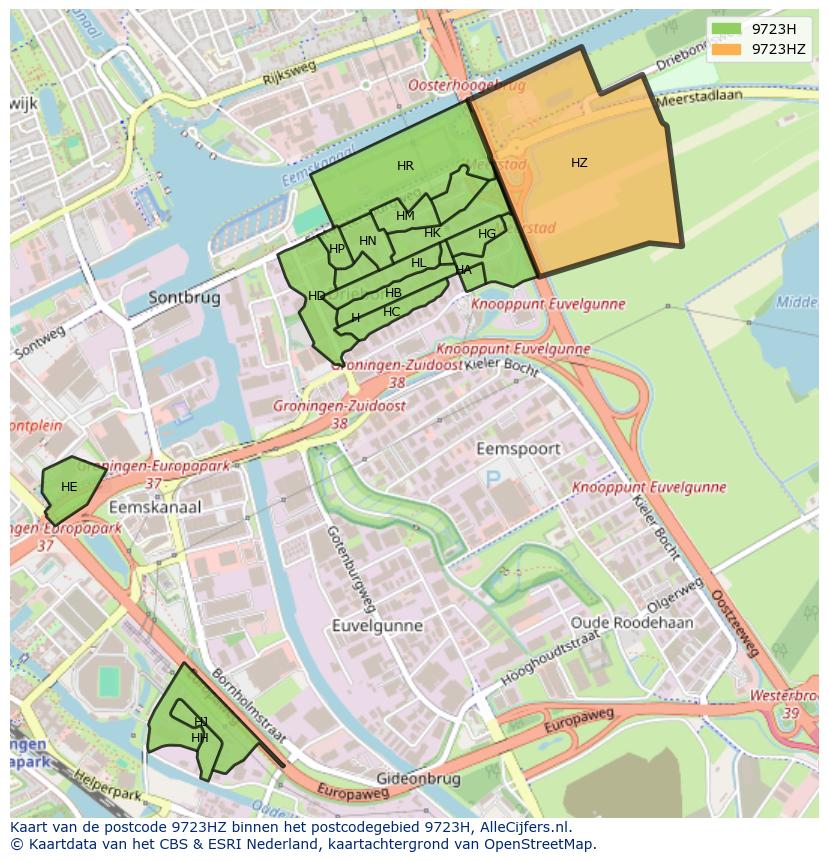 Afbeelding van het postcodegebied 9723 HZ op de kaart.