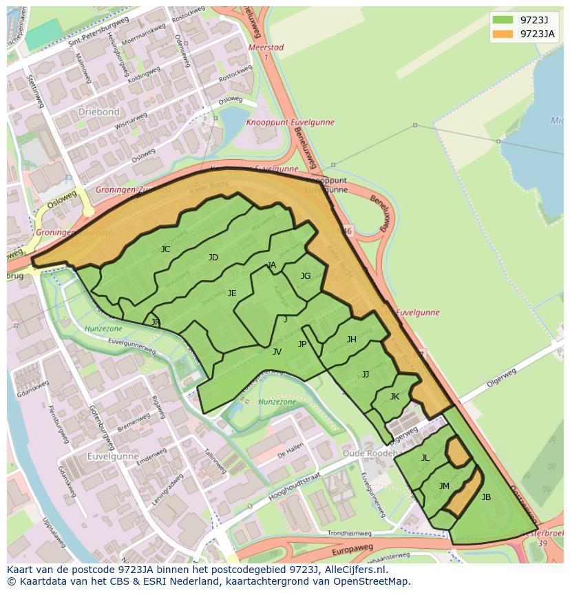 Afbeelding van het postcodegebied 9723 JA op de kaart.