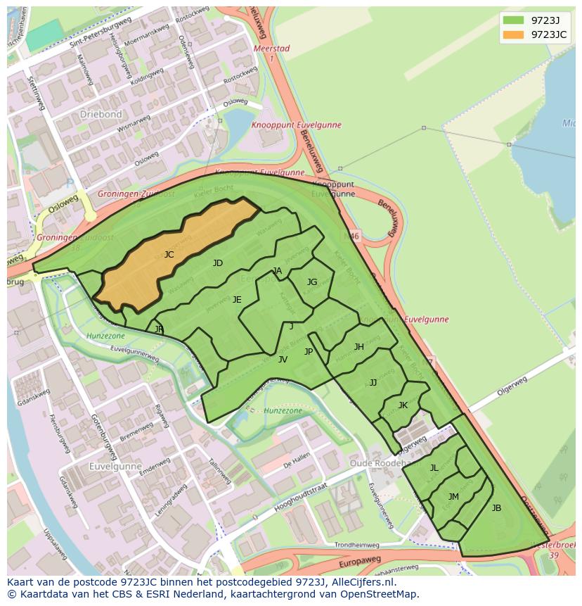 Afbeelding van het postcodegebied 9723 JC op de kaart.