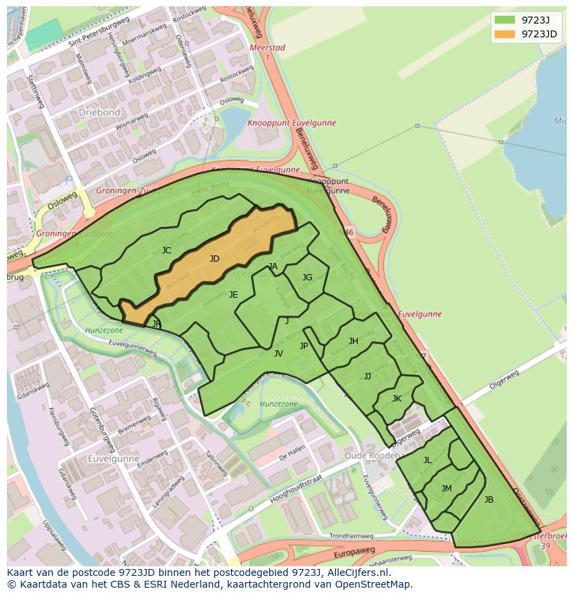 Afbeelding van het postcodegebied 9723 JD op de kaart.