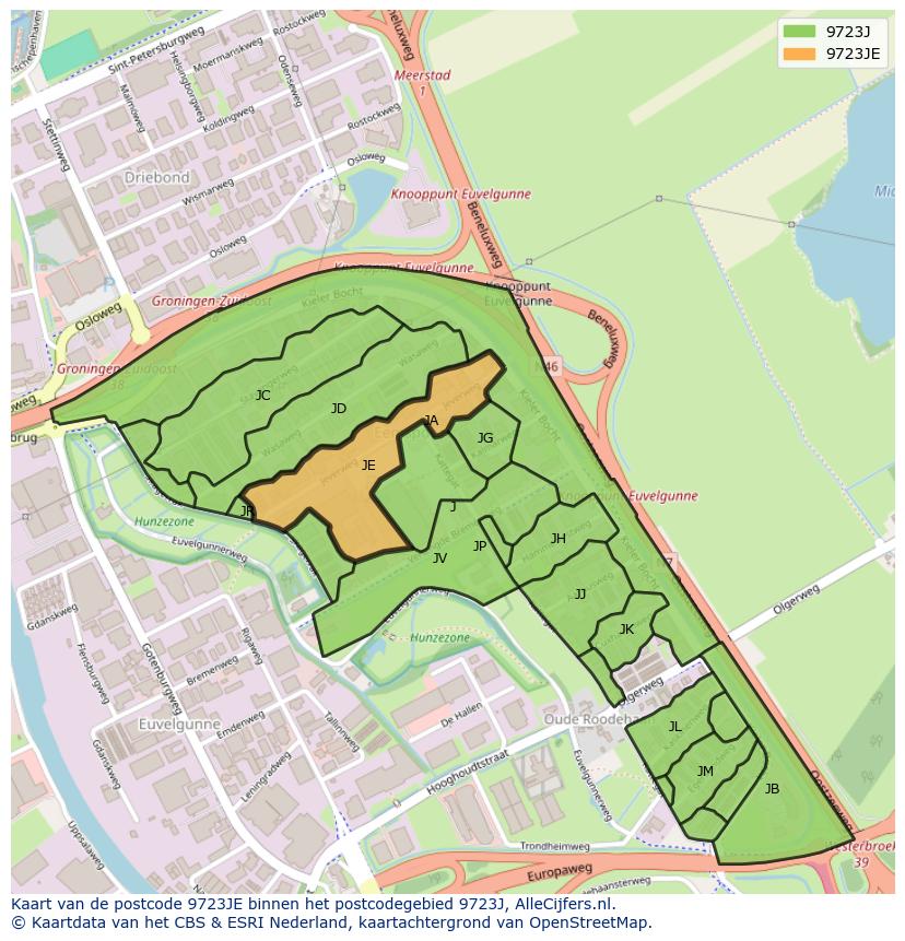 Afbeelding van het postcodegebied 9723 JE op de kaart.