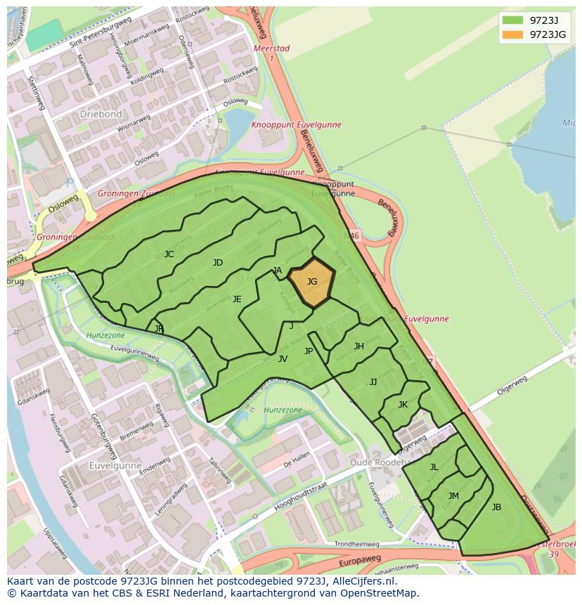 Afbeelding van het postcodegebied 9723 JG op de kaart.