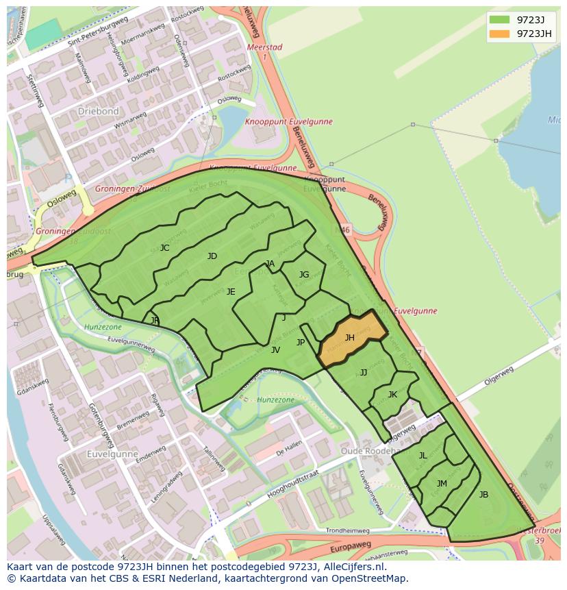 Afbeelding van het postcodegebied 9723 JH op de kaart.