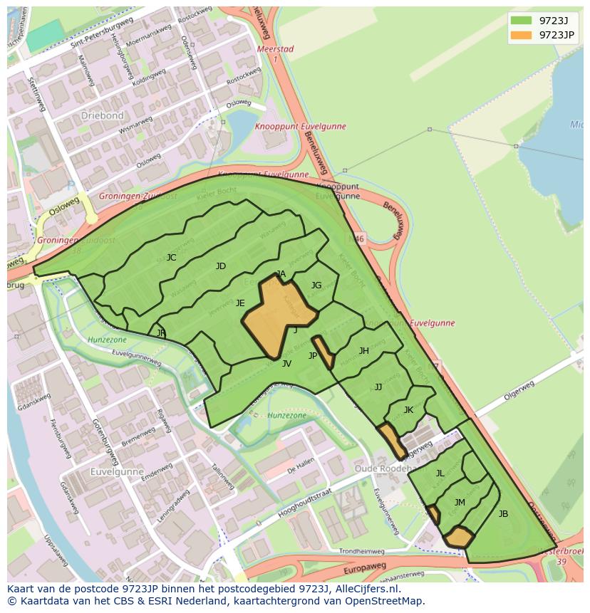 Afbeelding van het postcodegebied 9723 JP op de kaart.