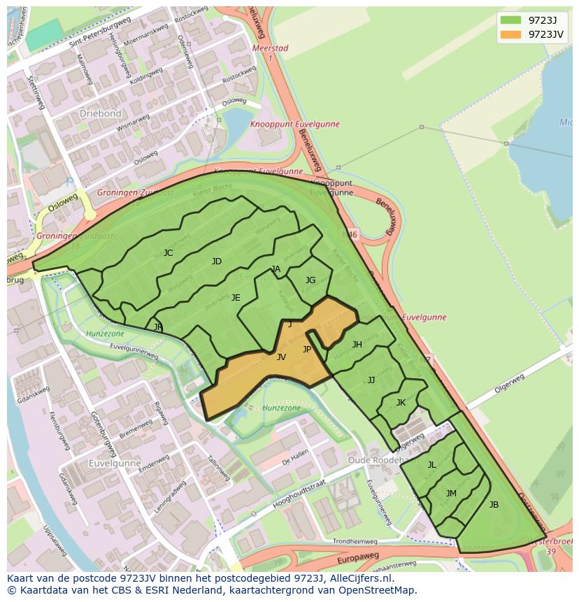 Afbeelding van het postcodegebied 9723 JV op de kaart.