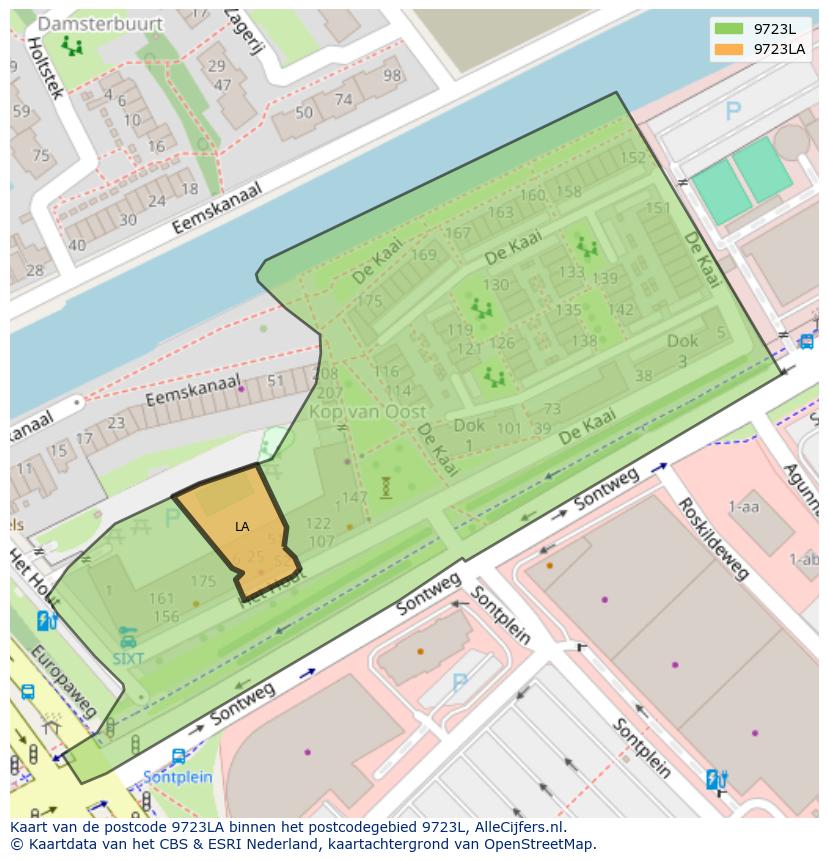 Afbeelding van het postcodegebied 9723 LA op de kaart.
