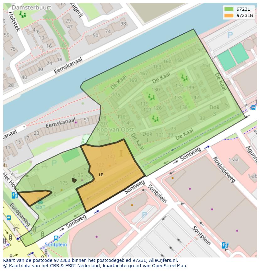 Afbeelding van het postcodegebied 9723 LB op de kaart.