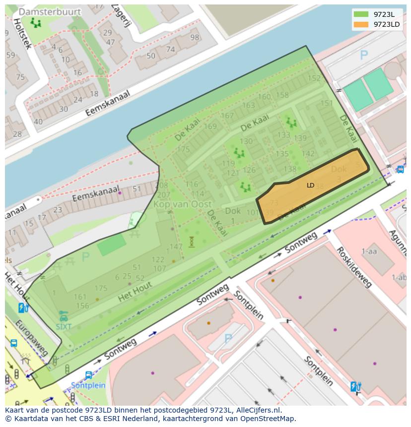 Afbeelding van het postcodegebied 9723 LD op de kaart.