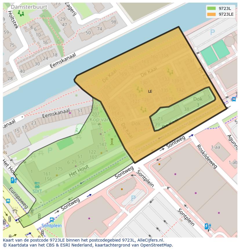 Afbeelding van het postcodegebied 9723 LE op de kaart.