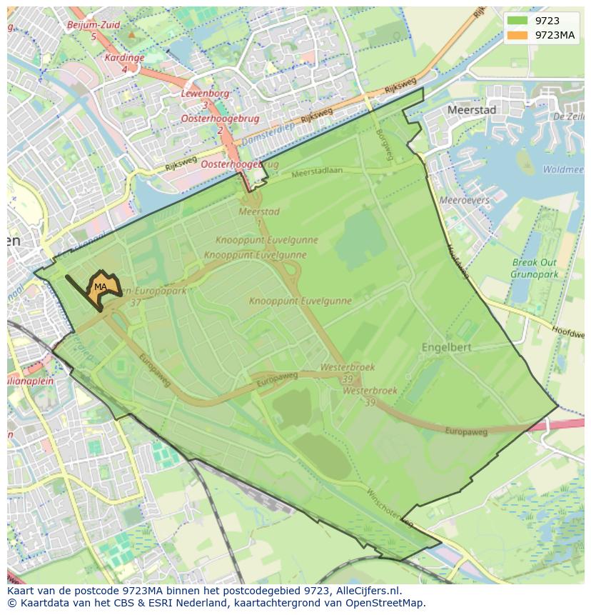 Afbeelding van het postcodegebied 9723 MA op de kaart.
