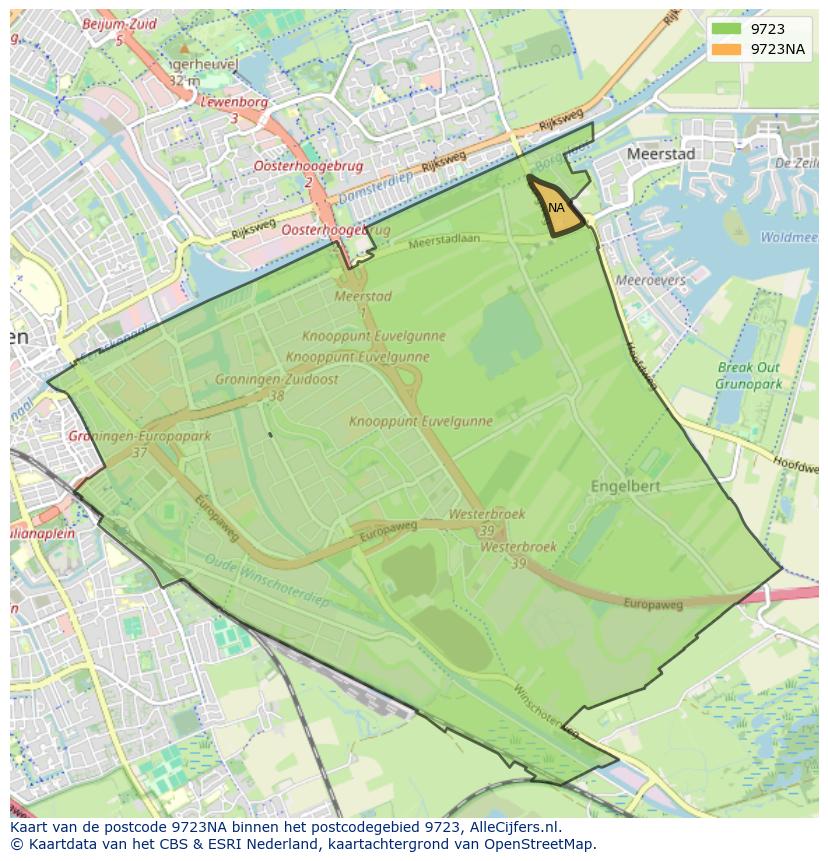 Afbeelding van het postcodegebied 9723 NA op de kaart.