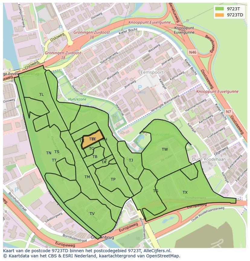 Afbeelding van het postcodegebied 9723 TD op de kaart.