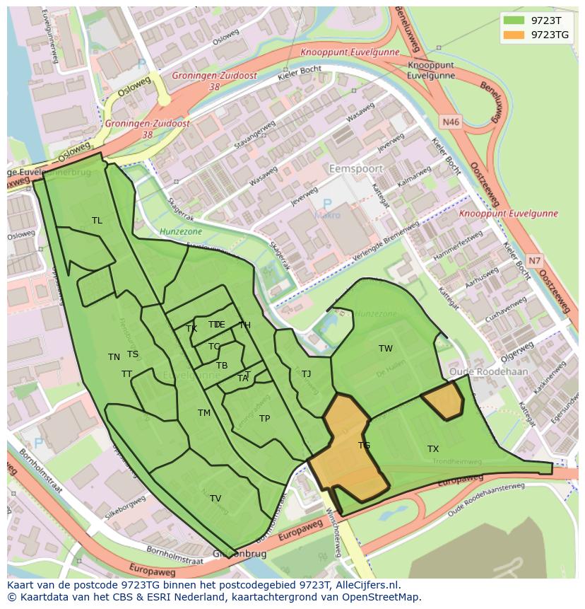 Afbeelding van het postcodegebied 9723 TG op de kaart.
