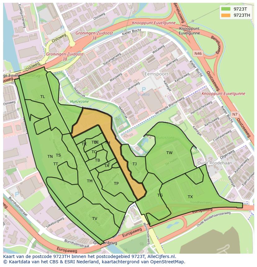 Afbeelding van het postcodegebied 9723 TH op de kaart.