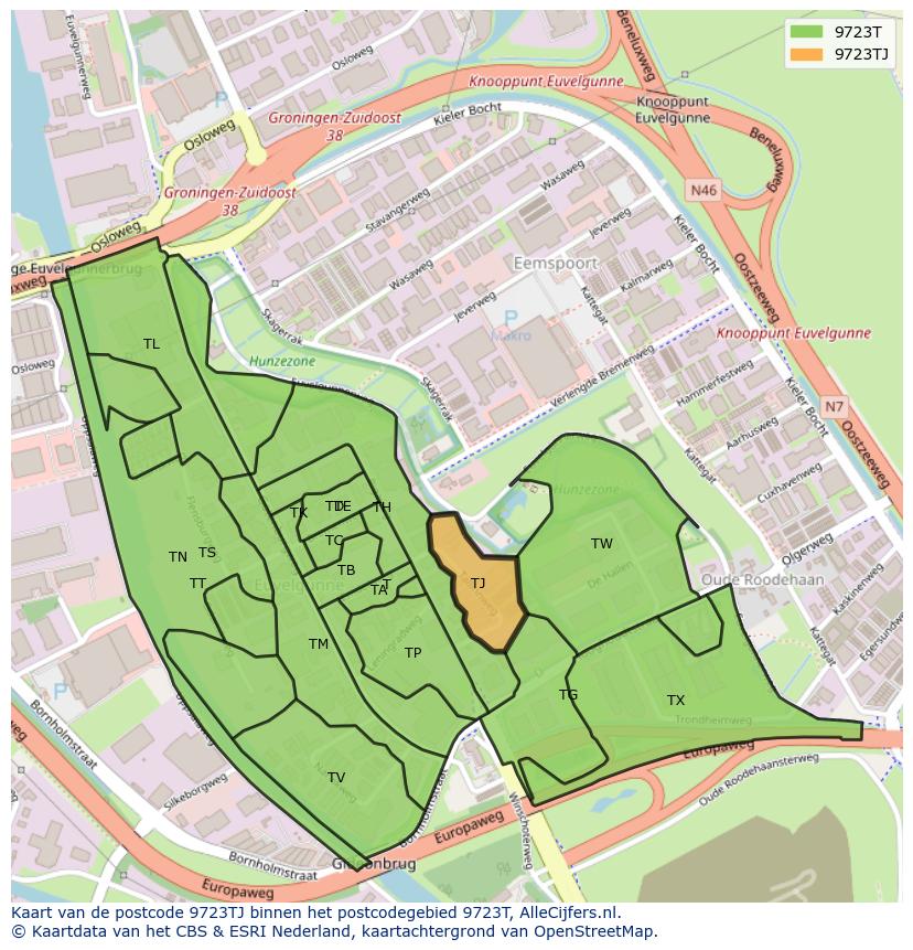Afbeelding van het postcodegebied 9723 TJ op de kaart.