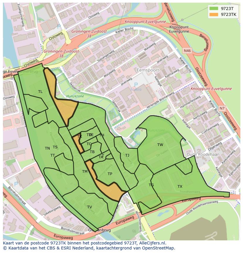 Afbeelding van het postcodegebied 9723 TK op de kaart.