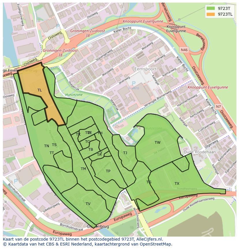Afbeelding van het postcodegebied 9723 TL op de kaart.