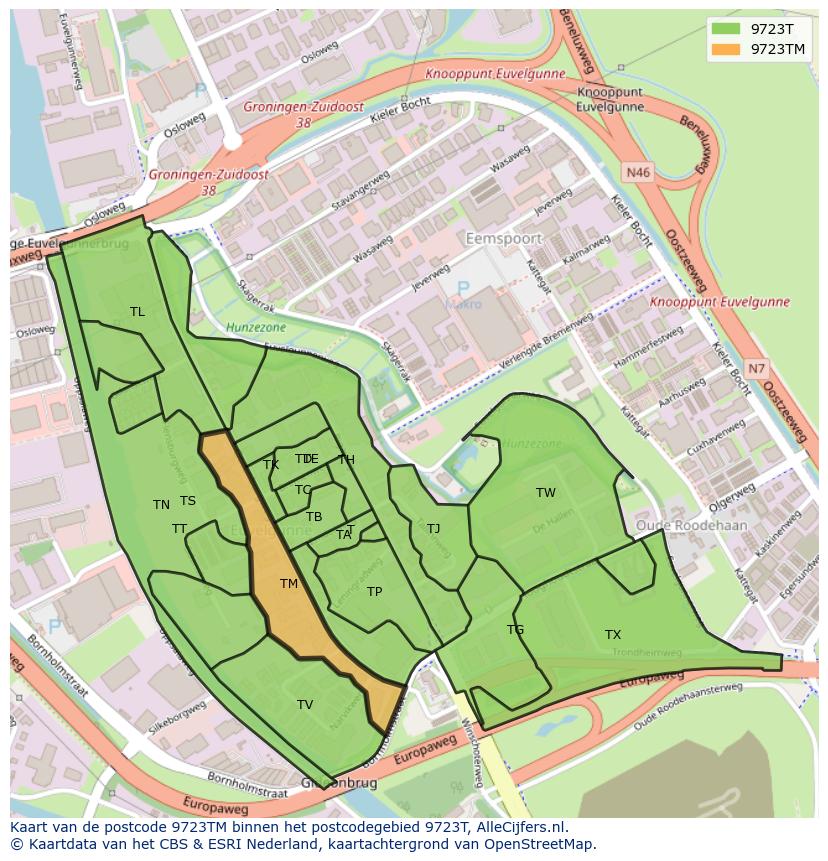 Afbeelding van het postcodegebied 9723 TM op de kaart.