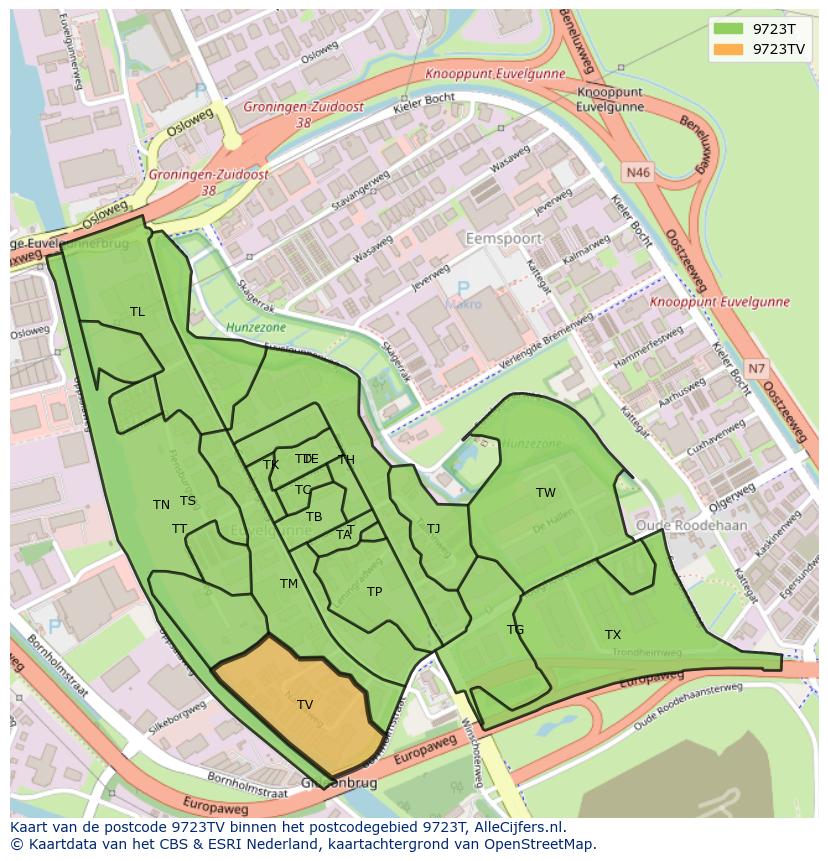 Afbeelding van het postcodegebied 9723 TV op de kaart.