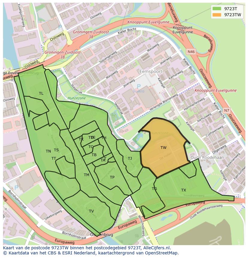 Afbeelding van het postcodegebied 9723 TW op de kaart.