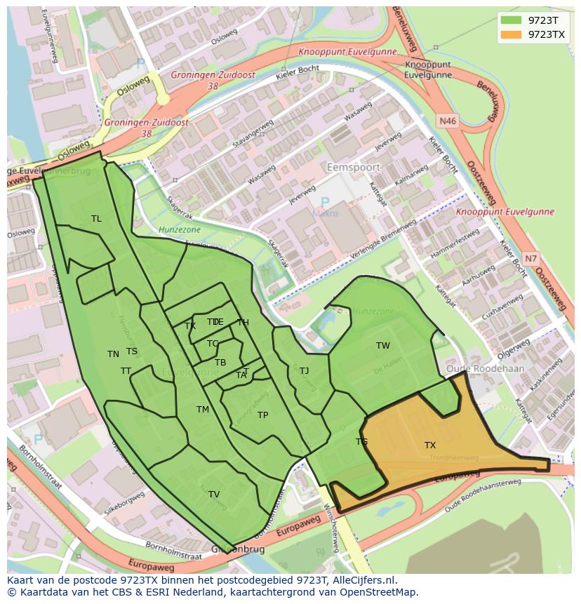 Afbeelding van het postcodegebied 9723 TX op de kaart.