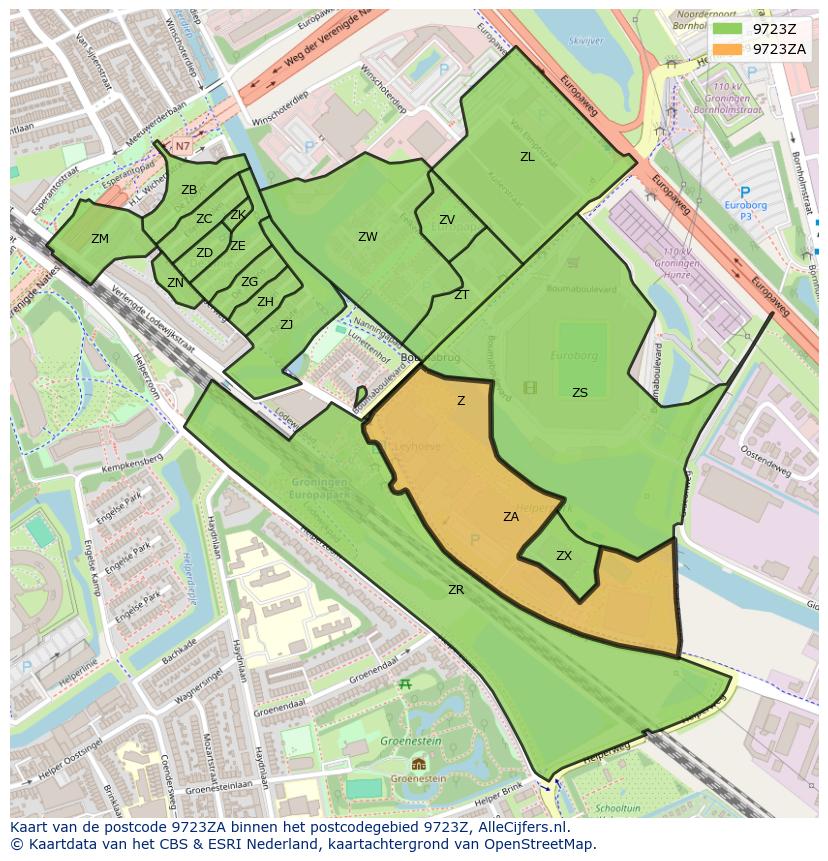 Afbeelding van het postcodegebied 9723 ZA op de kaart.