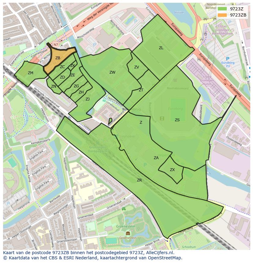 Afbeelding van het postcodegebied 9723 ZB op de kaart.