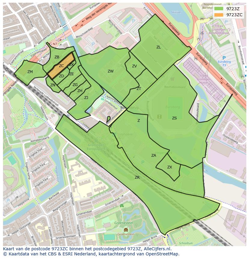 Afbeelding van het postcodegebied 9723 ZC op de kaart.