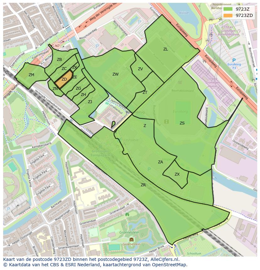 Afbeelding van het postcodegebied 9723 ZD op de kaart.