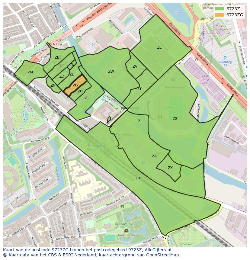 Afbeelding van het postcodegebied 9723 ZG op de kaart.