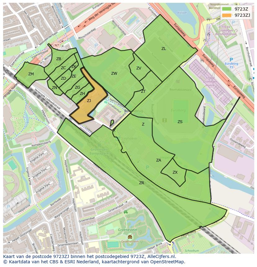 Afbeelding van het postcodegebied 9723 ZJ op de kaart.