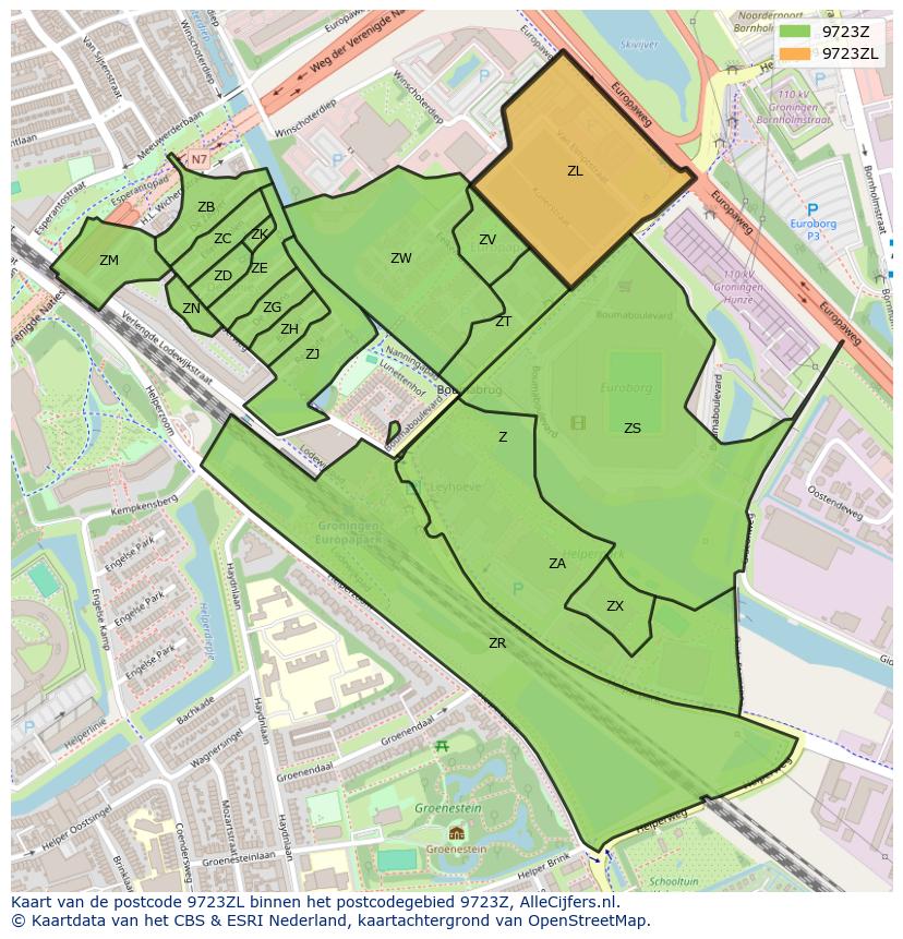 Afbeelding van het postcodegebied 9723 ZL op de kaart.
