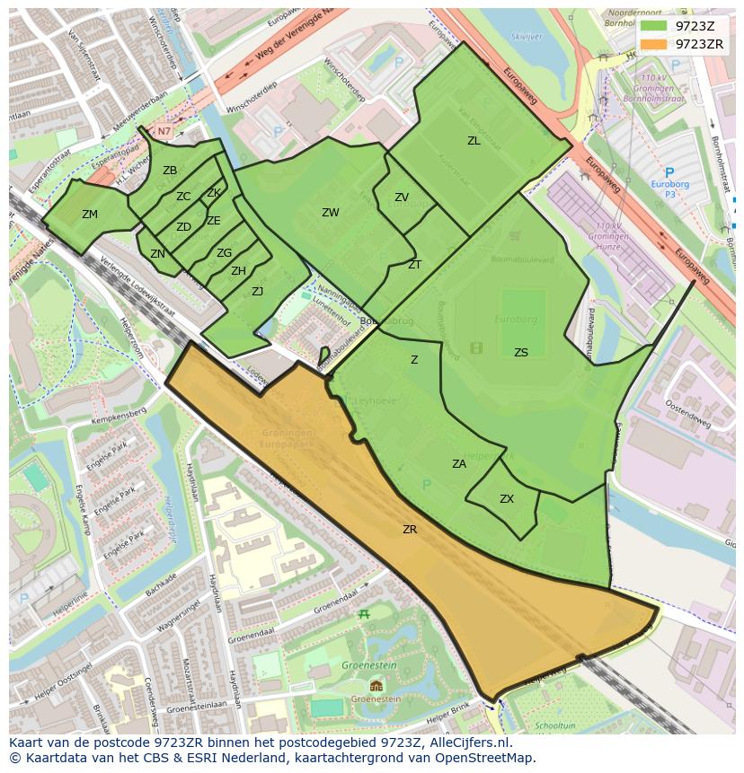 Afbeelding van het postcodegebied 9723 ZR op de kaart.
