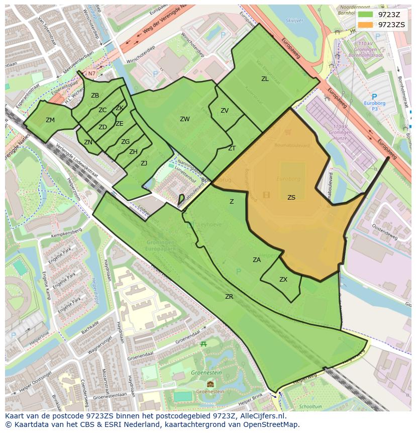 Afbeelding van het postcodegebied 9723 ZS op de kaart.