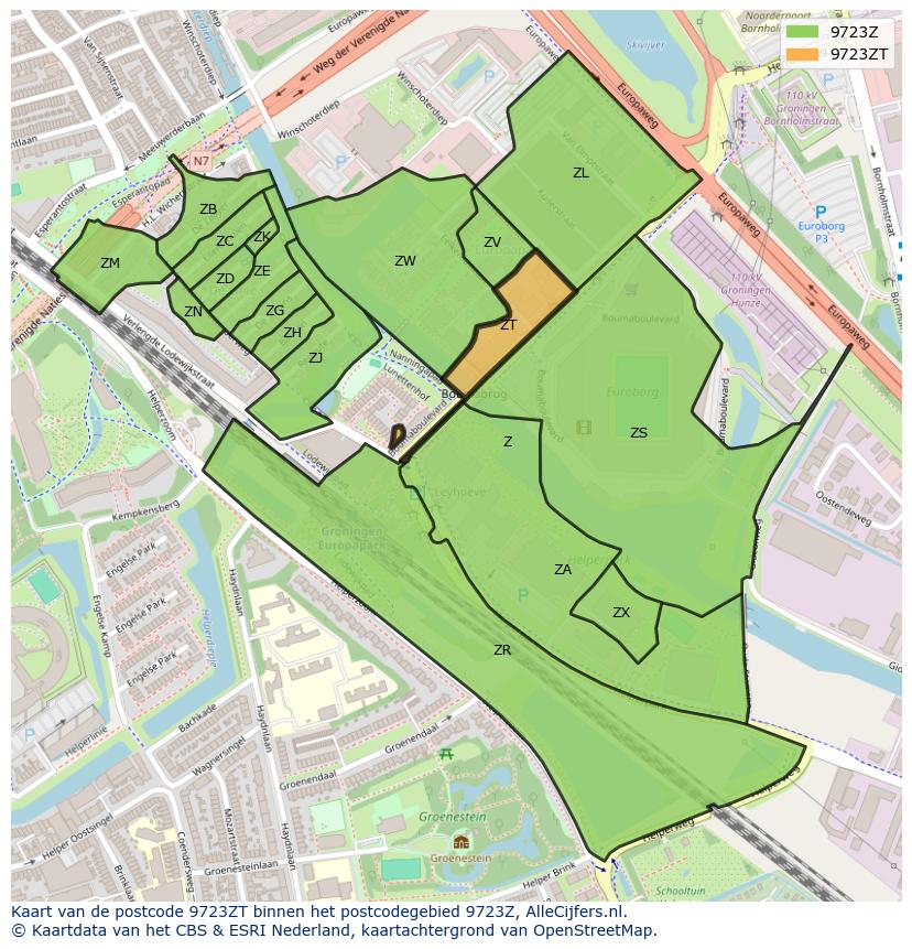 Afbeelding van het postcodegebied 9723 ZT op de kaart.