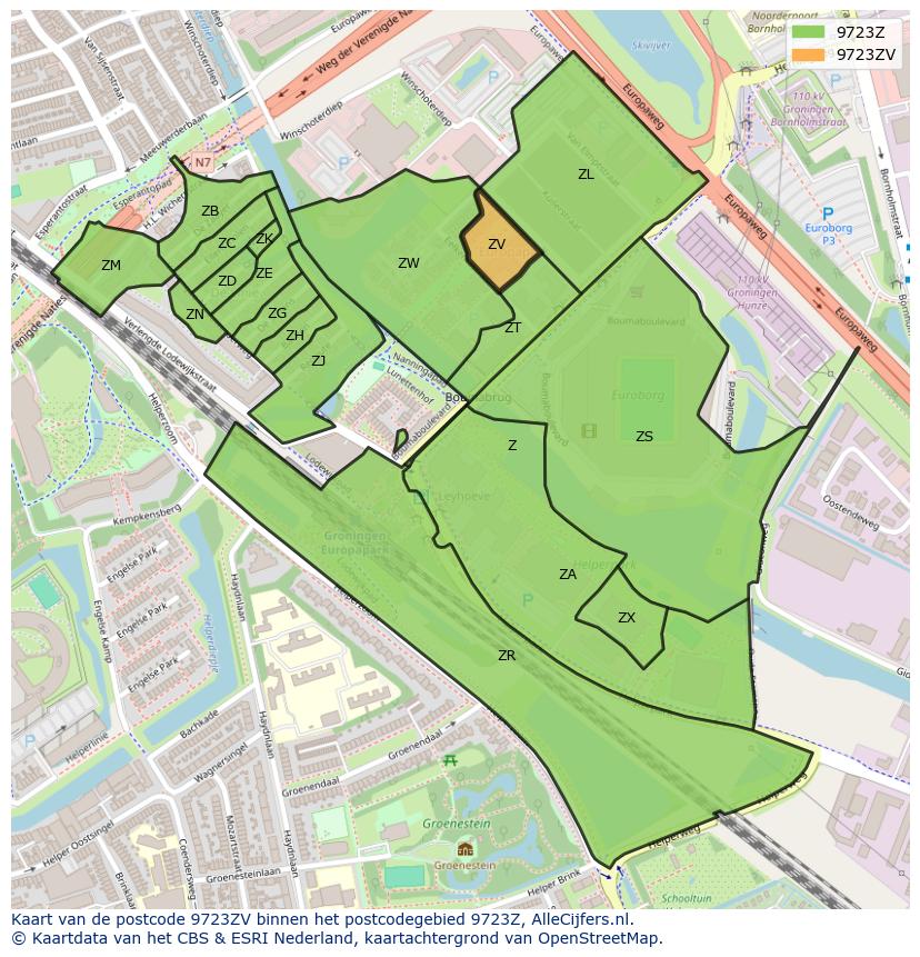 Afbeelding van het postcodegebied 9723 ZV op de kaart.