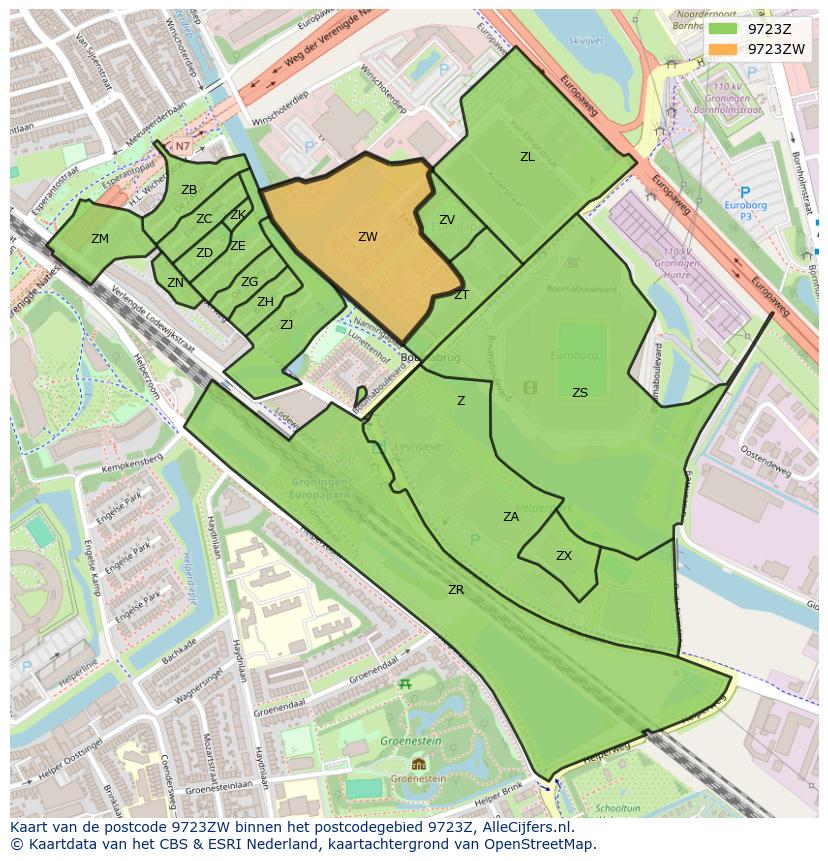 Afbeelding van het postcodegebied 9723 ZW op de kaart.