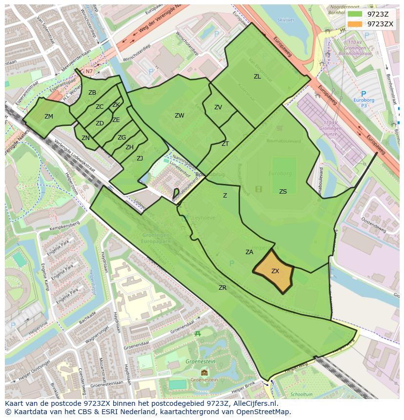 Afbeelding van het postcodegebied 9723 ZX op de kaart.