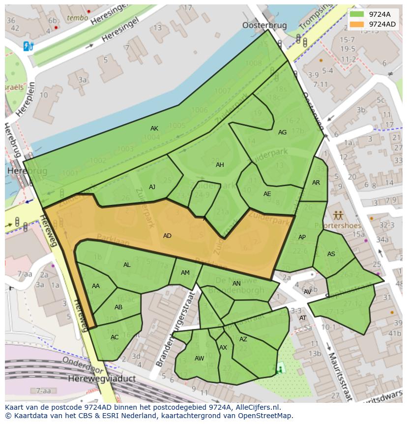 Afbeelding van het postcodegebied 9724 AD op de kaart.