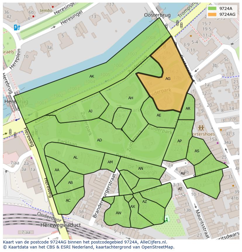 Afbeelding van het postcodegebied 9724 AG op de kaart.