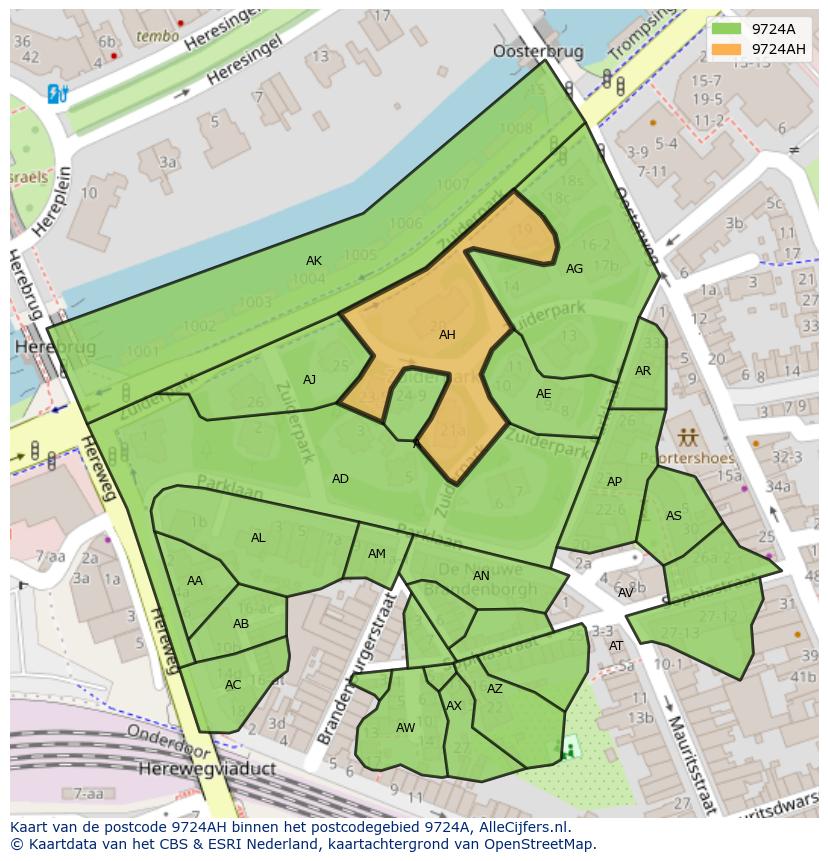 Afbeelding van het postcodegebied 9724 AH op de kaart.