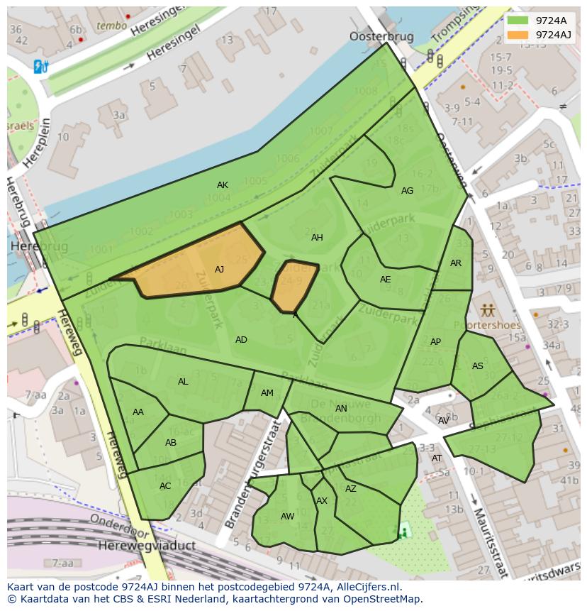 Afbeelding van het postcodegebied 9724 AJ op de kaart.