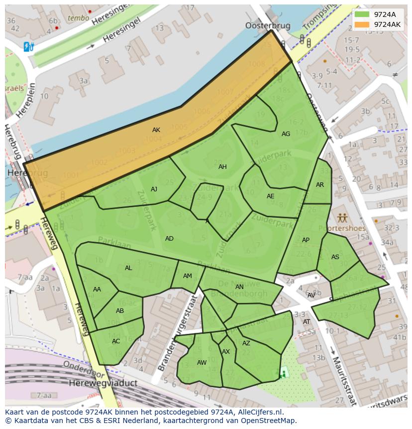 Afbeelding van het postcodegebied 9724 AK op de kaart.