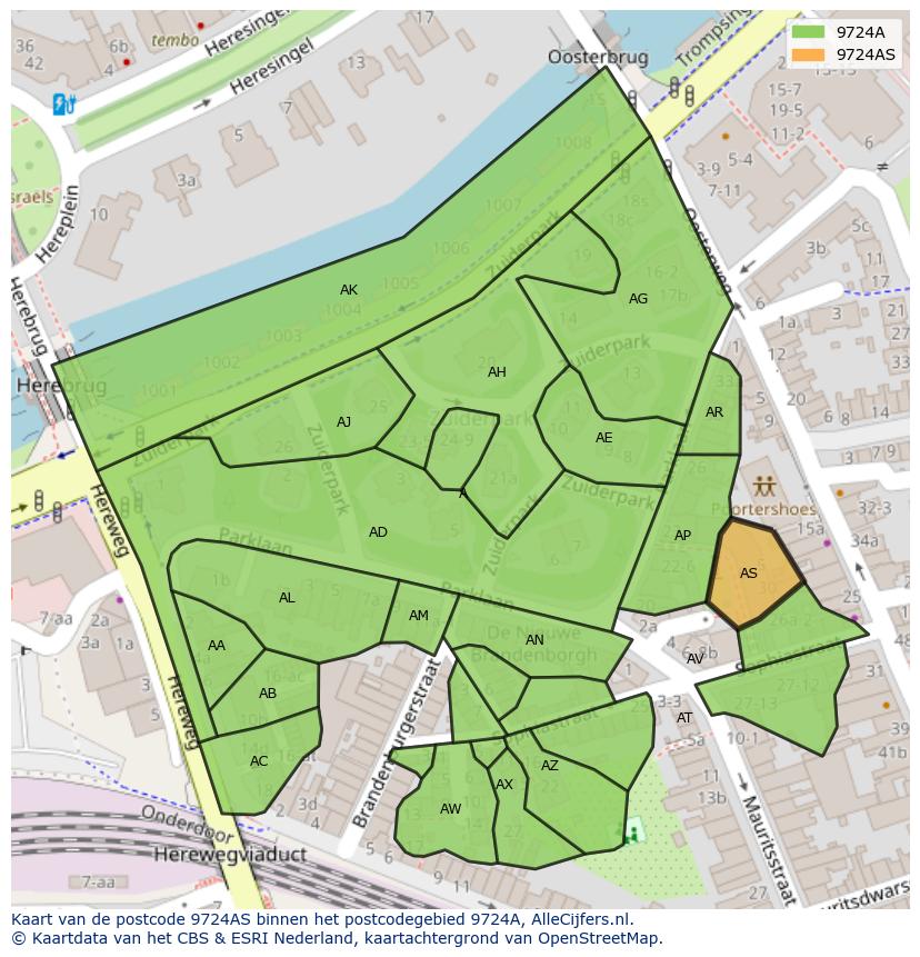Afbeelding van het postcodegebied 9724 AS op de kaart.