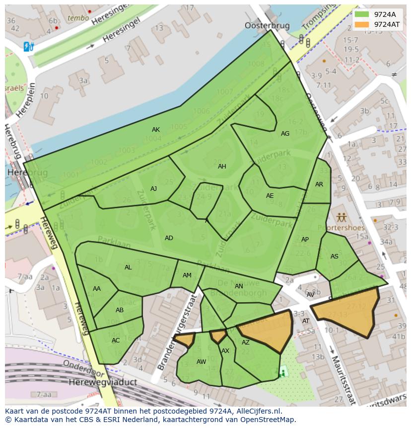 Afbeelding van het postcodegebied 9724 AT op de kaart.